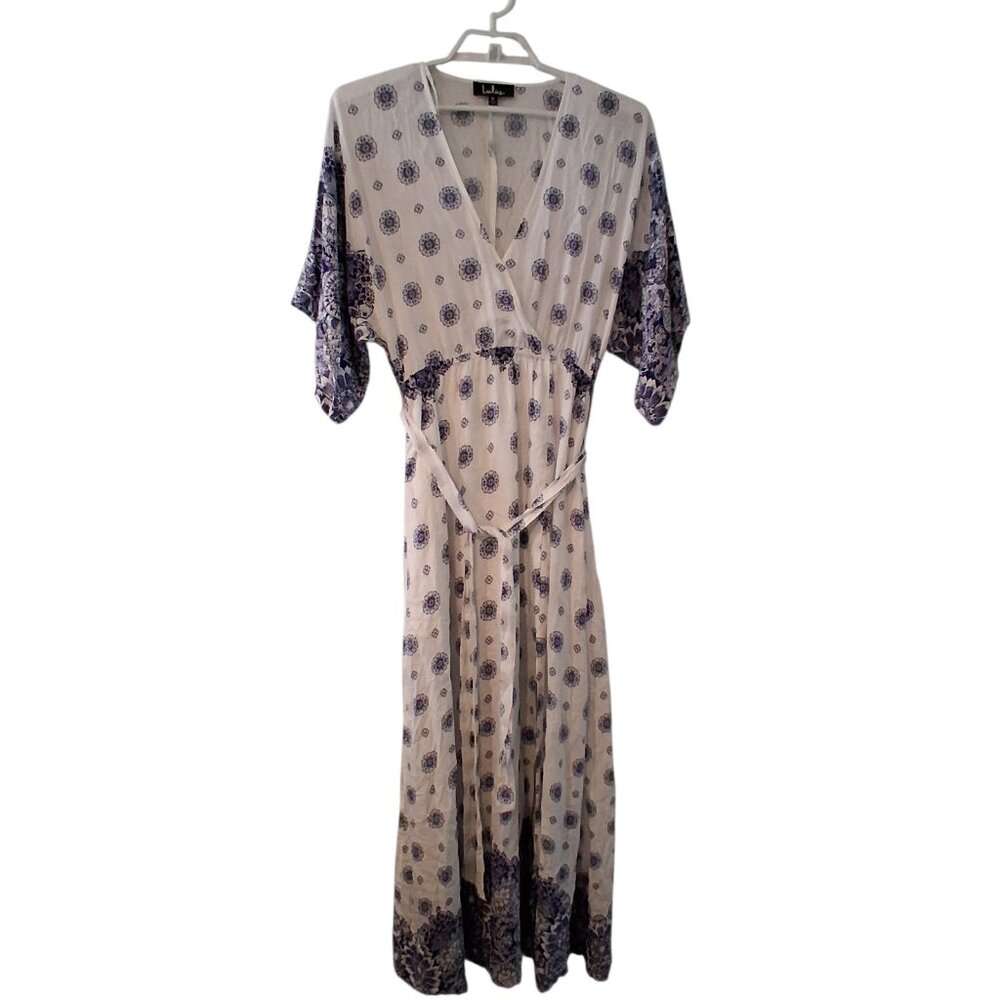Lulus South of France maxi dress womens Medium blue white kimono belt